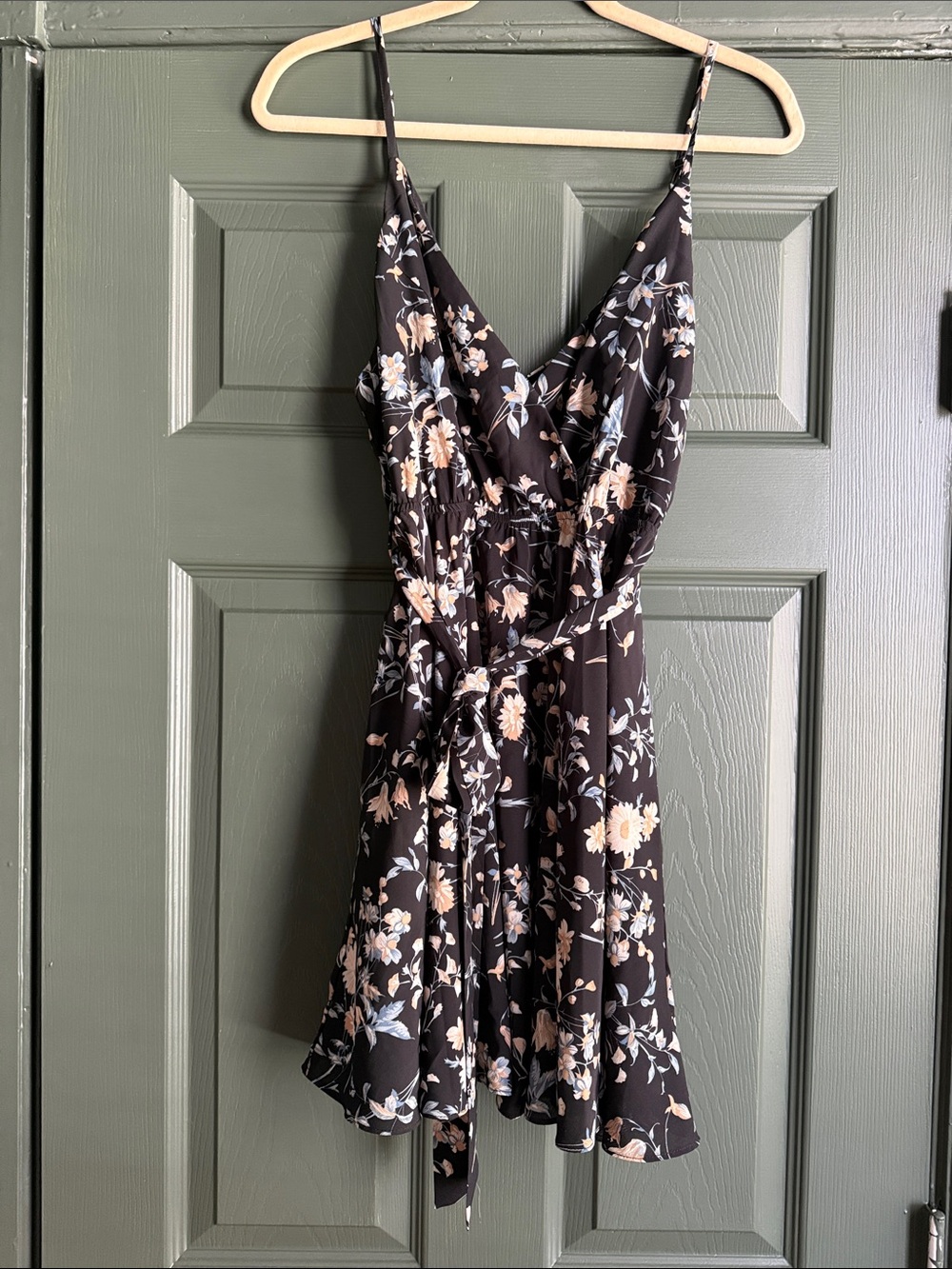 Floral Wrap Mini Dress in Black with Peach & Cream Flowers